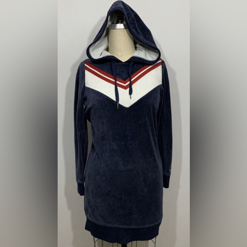 Tommy Hilfiger Hoodie Dress Navy Blue Track 90s Y2K Velour size XL